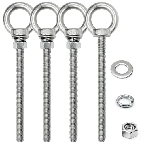 Image of 4 Sets M12 x 150mm 304 Stainless Steel Eye Bolt Heavy Duty Shoulder Lifting Ring Threaded Eyebolts with Nuts Washers (4, M12 x 150 mm)