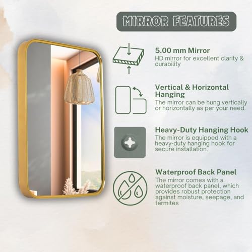 Image of Sidra Decor Rectangle Wall Mirror (24 inchx 18 inch) | Gold Brushed Metal Frame with Beveled Edge | Modern Wall Mirror for Bathroom, Living Room Vanity, Makeup Mirror (Golden Frame)
