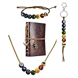 XHBTS Juego de 4 pulseras de media sangre Keychian y cuaderno y cordón de piel sintética marrón, collar olímpico con cuentas de madera pintadas de colores