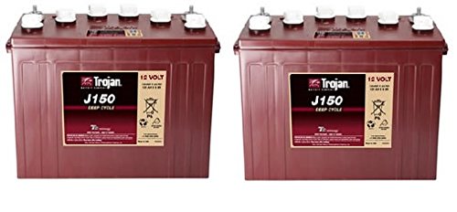 Two brown 12-volt deep cycle batteries, labeled Trojan J150, with white caps on top.