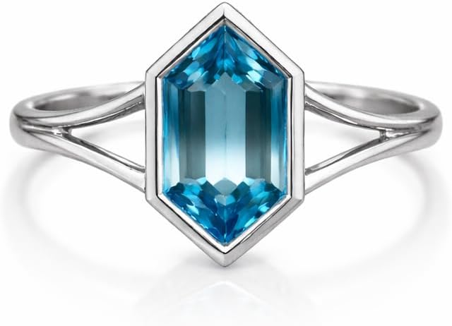 Hexagon Cut Blue Topaz Ring for Women | Minimalist Bezel Set Solitaire | Handmade Sterling Silver Promise & Engagement Ring