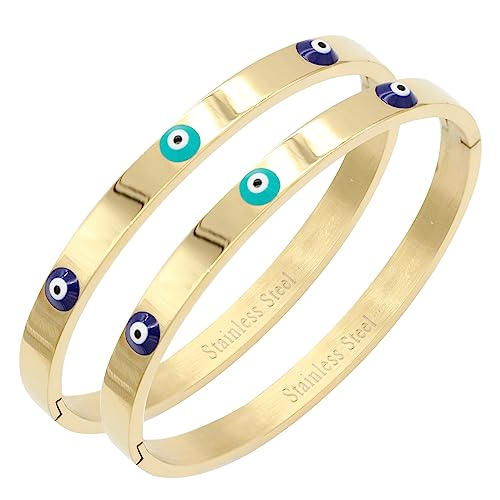 Lavencious 6 mm Width Stainless Steel Evil Eye Bangle Polished Finish Oval Shape 7 Inches Bracelet 2 Pieces Set