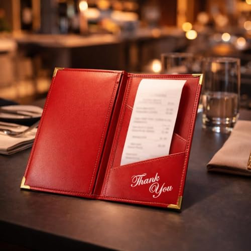 Image of Premium Red Bill Folder - Pack of 6 | PU Leather Restaurant Bill Holder with Golden Corners | Stylish & Durable Check Presenter for Hotels, Cafes & Restaurants