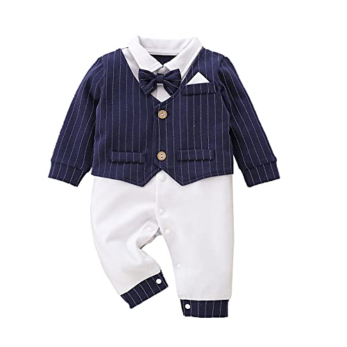 Xumplo Baby Jungen Kleidung Einteiler Gentleman Strampler Neugeborenes Jungen Overall formeller Smoking Hochzeit Outfit 0-18 Monate, blau, 50 Cover
