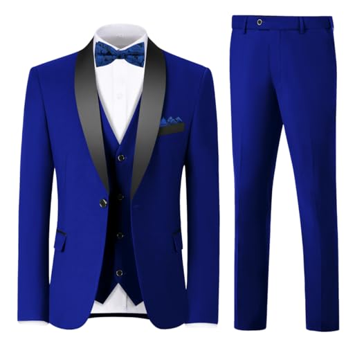 Men's 3 Piece Slim Fit Suit One Button Shawl Lapel Jacket Vest Pants Tuxedo Set with Bow Tie Pocket Square