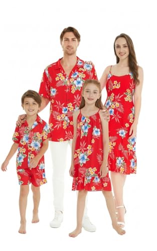 Image of Matchable Family Hawaiian Luau Men Women Girl Boy Clothes in Hibiscus Red