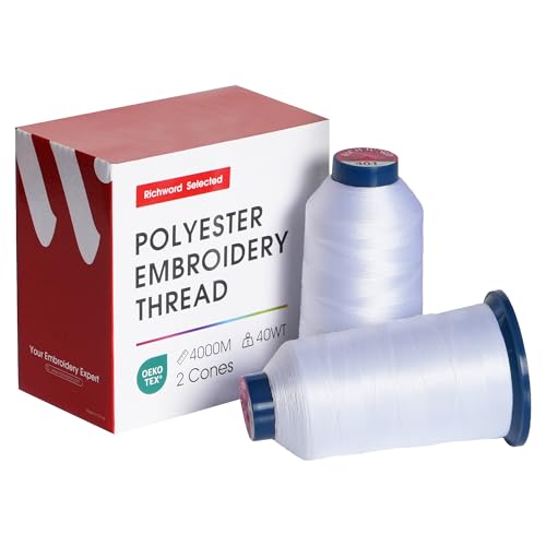 Image of Poolin Embroidery Thread, Huge Spool Richword Selected 2 Rolls White 4000M(4374Y) 40WT Polyester Thread for All Embroidery Machines