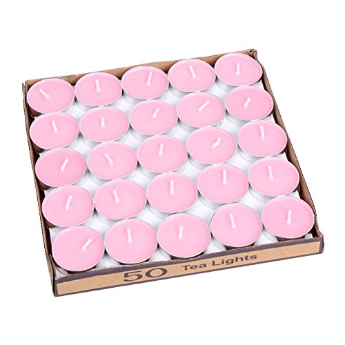 LANKER 50 Pack Mini Tea Lights Candles - Unscented - Smokeless - 2 Hour Burn Time - Decoration for Wedding, Party, Dating and Festival Celebration (Pink)