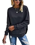 KIRUNDO 2023 Fall Women's Solid Color Sporty Sweatshirt Casual Loose Crew Neck Long Sleeve Pullover Ribbed Cuffs Hem Tops (X-Large, Split-Dark Gray)