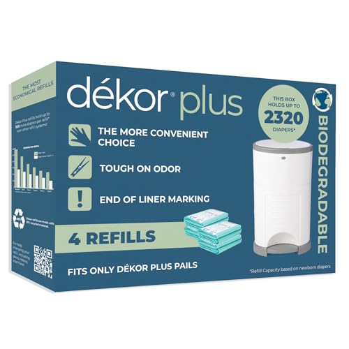 Image of Diaper Dekor Plus Diaper Pail Biodegradable Refills | 4 Count | Most Economical Refill System | Quick & Easy to Replace | No Preset Bag Size – Use Only What You Need | Exclusive End-of-Liner Marking