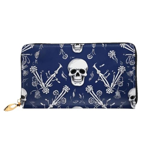 Leather Wallet for Women Men Bifold Wallet Ultra Slim Credit Card Holder Blue Skull and Bones Ladies Clutch Purse