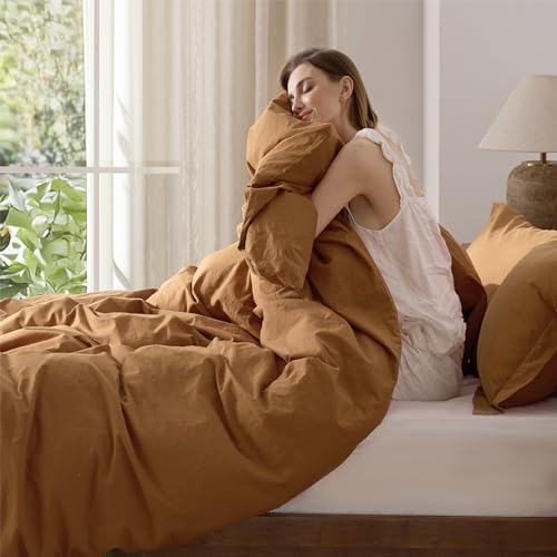Bedsure 100% Washed Cotton Duvet Cover King Size - Hazelnut Brown Minimalist Cotton Duvet Cover Linen Like Breathable - GentleSoft™ Plain Simple Bedding (Hazelnut Brown, King, 104"x90")