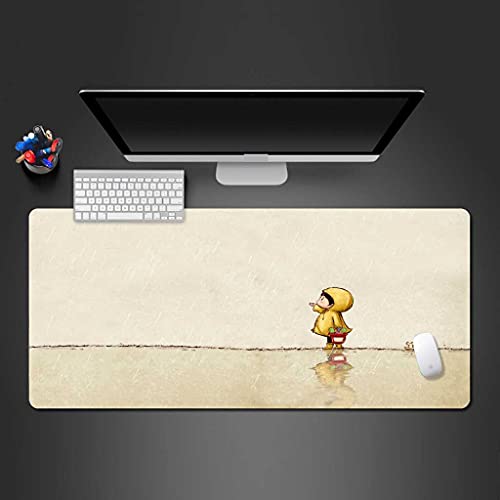 Tapis de souris gamer XXL 900x400mm antidérapant avec motif de petite fille animée sous la pluie