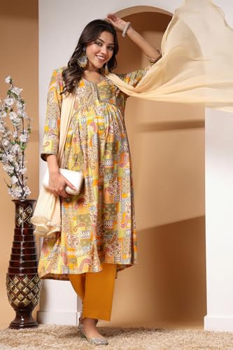 Image of ZELENA Maternity Zipless Feeding Kurta Set for Women | 100% Viscose Rayon Pre & Post Pregnancy Paisley Printed Kurta Set | Nursing Kurta Set for Easy Breastfeeding with Dupatta & Pockets