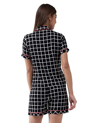 Image of Miss Chase Women's Black Collared Short Sleeves Printed Regular Top & Shorts Set with 2 Side Pockets
