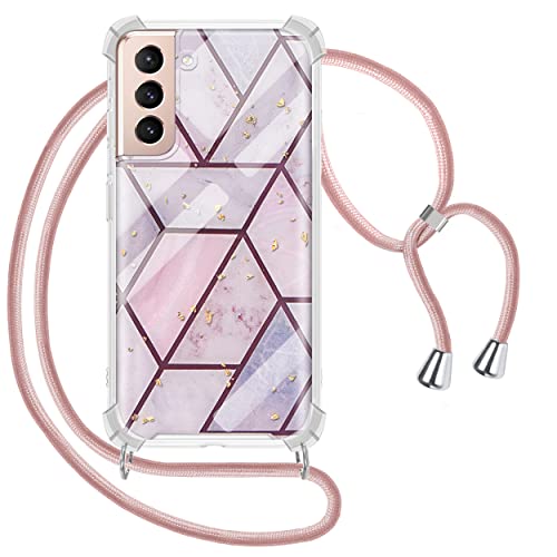Handykette Hülle für Samsung Galaxy S22 5G, Marmor Glitzer Necklace Hülle mit Kordel Transparent Silikon Handyhülle mit Kordel zum Umhängen Schutzhülle mit Band in Roségold Cover