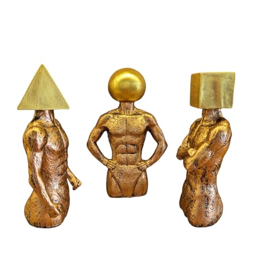 Image of Geometric Marvel MuscleCraft Accent Statue Set of 3 | Gold Stone Body with Golden 3D Triangle, Sphere, or Square Head(Human Body)