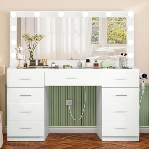 FIONESO 46" Vanity Desk with Glass Top & Lights Mirror, 3 Adjustable Lighting Color, Makeup Vanity with 9 Drawers and 12 LED Lights, Dressing Table for Bedroom, Vanity for Girls, White