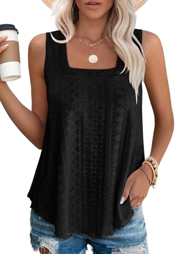 WEESO Womens Tops Square Neck Flowy Womens Tank Tops Basic Shirts Summer Tops Casual Beach Fashion Vacation Clothes Black L