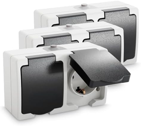 greate 3x Feuchtraum Steckdose Aufputz 2fach IP54 250V 16A 2-polig | Doppelsteckdose mit Klappdeckel - Aufputzsteckdose 2 fach - Feuchtraumsteckdosen