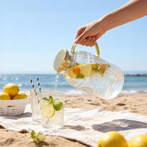 Image of Amzcku Glass Pitcher with Lid, 101 oz / 3 Liter Vintage Water Pitcher,Water Carafe for Cold Brew, Coffee, Lemonade, Iced Tea,Beverage, Heat Resistant Water Glass Jug 1Pack