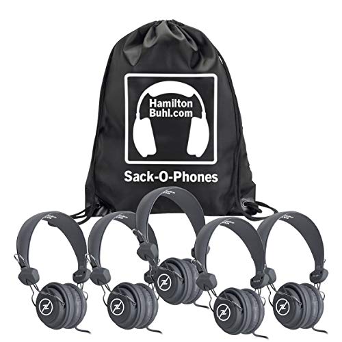 HamiltonBuhl Sack-O-Phones, 5 Gray Favoritz Headsets with in-Line Microphone and TRRS Plug