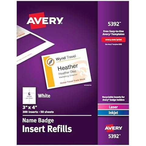 Avery Name Badge Inserts, 3 x 4 Inch, 300 Card Stock Refills (5392) Cover