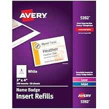 Avery Customizable Name Badge Inserts for Name Tag Holders, 3" x 4", White, Laser/Inkjet Printable, 300 Total 5392
