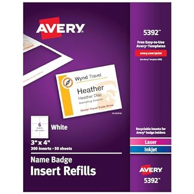 Avery Customizable Name Badge Inserts for Name Tag Holders, 3 x 4, White, Laser/Inkjet Printable, 300 Total (5392)