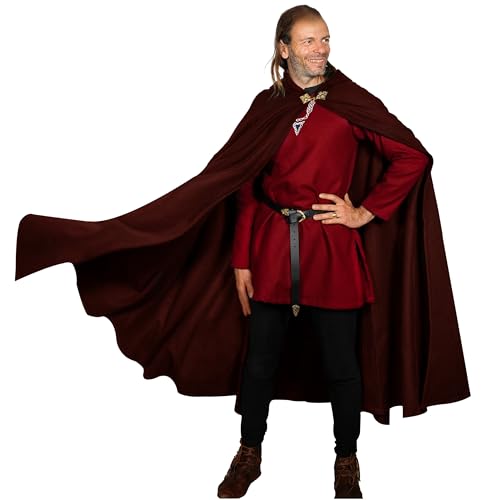 Cape médiévale à capuche laine poncho long marron taille L avec broche pour costume cosplay LARP