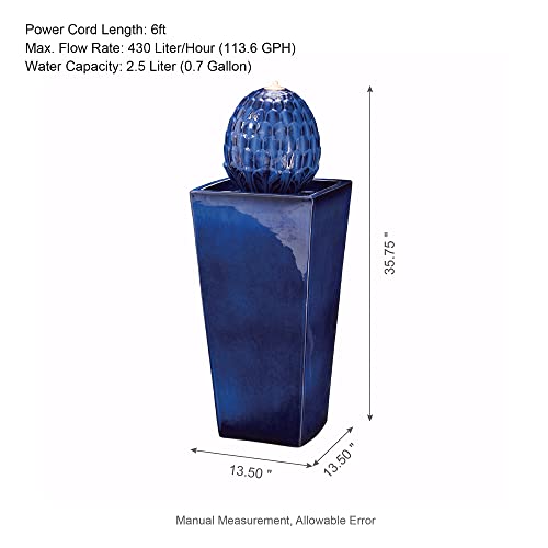 Glitzhome Ceramic Outdoor Water Fountain With Led Light Oversized Artichoke Pedestal Water Fountain With Submersible Pump Patio Fountain Waterfall For Garden Patio Deck Porch, Cobalt Blue, 35.75" H #TOP2