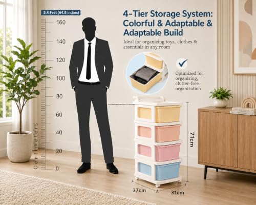 Image of Heavy Duty Plastic Storage Drawer with Wheels | Modular Cabinet for Bedroom, Office, Home or Classroom| Chest of Drawers Organiser for Cosmetics, Kitchen items, Toys (Multicolor, 4)