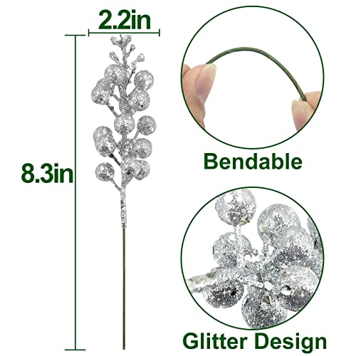 Turnmeon 50P Christmas Berries Stems Decorations,8.3" Artificial Christmas Berry Picks Twigs Branches For Christmas Tree Ornaments Fillers Diy Holiday Home Indoor Outdoor Xmas Decor(Glitter Silver) #TOP1