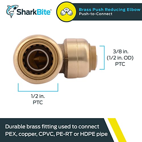 SharkBite 1/2 Inch x 3/8 Inch 90 Degree Reducing Elbow, Push to Connect Brass Plumbing Fitting, PEX Pipe, Copper, CPVC, PE-RT, HDPE, U272LFA by SharkBite - Used condition - Image 2