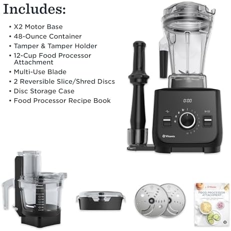 Vitamix 12-cup food processor attachment showcasing multi-use blade and reversible slice/shred discs.