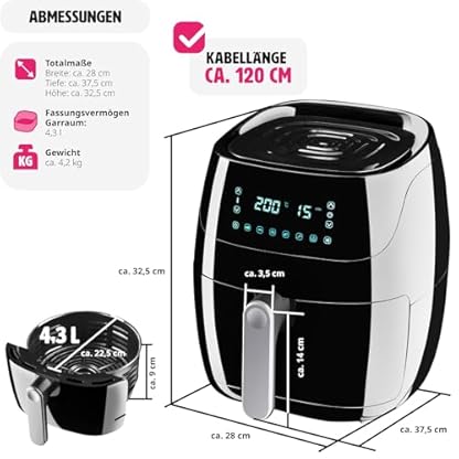 tectake® Heißluftfritteuse 4,3 L Fassungsvermögen, Touchscreen, Antihaft Frittierkorb, Airfryer mit 6 automatischen Programmen, Heißluft Fritteuse ohne Fett und Öl, Zubehör Rezeptheft - schwarz – Bild 8