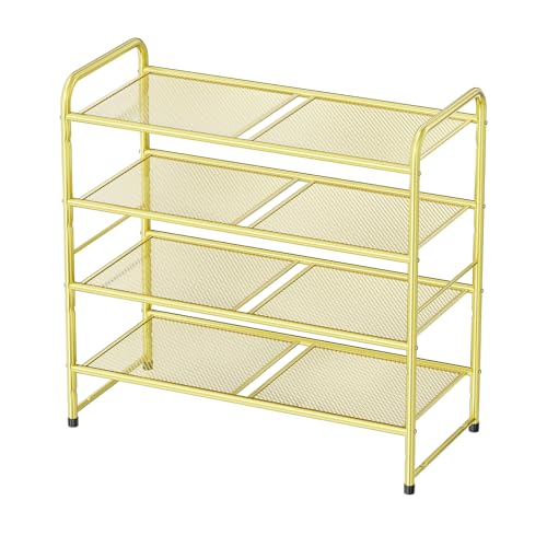 Image of Modern Shoe Rack, 4 Tier Heavy Duty Metal Mesh Shoe Shelf 27 Inch Wide, Gold