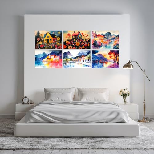 Image of SiddArtify Watercolor Landscape Wall Art Prints Set - Colorful House Poster Decor for Living Room Bedroom Office - 12x18 inch Board Pack of 6