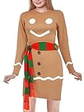 Women's Christmas Ugly Sweater Dress, Gingerbread Snowman Sweater with Scarf Holiday Party Sweater Dress