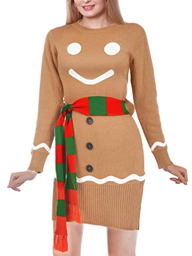 Women s Christmas Ugly Sweater Dress, Gingerbread Snowman Sweater with Scarf Holiday Party Sweater Dress
