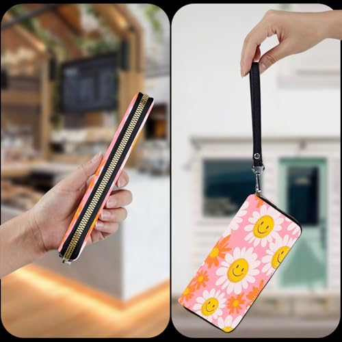 Wristlet Wallet for Women Teen Girls Womens Wallet RFID Blocking Credit Card Holder with Removable Wristlet,Leather Phone Wallet Clutch Large Capacity Ladies Travel Purs,Pink Sunflowers4