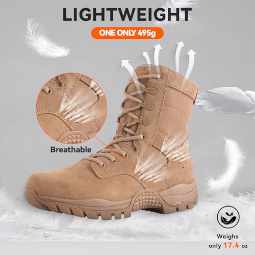 Men’s Tan Leather Light Tactical Combat Boots, Waterproof Work Shoes with Side Zipper&Lace for Jungle Hunting, Welding, Landscaping, Army, Law Enforcement, Police, EMS, Security4