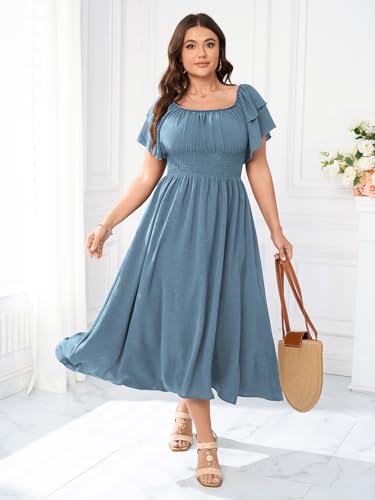 Image of Plus Size Maxi Dress Off The Shoulder Ruffle Smocked Wedding Guest Cocktail Slit Hem Flowy Dresses for Curvy Women