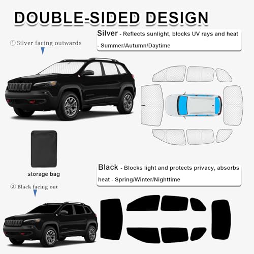 Image of KMF 8pcs Sun Shades for Jeep Cherokee SUV 2014-2023 Accessories (NOT Grand Cherokee),Thicken Full Car Window Covers for Windshield Side Rear, UV Block and Privacy Blackout for Camping