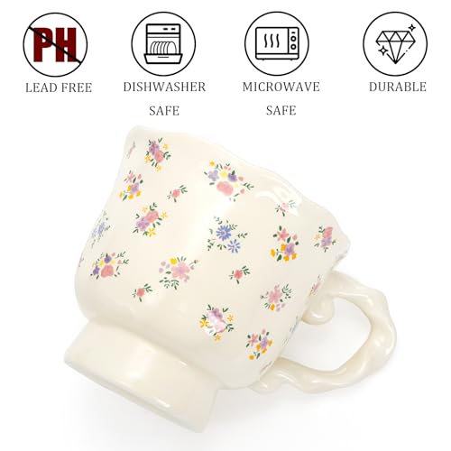 Image of Hiceeden Set of 2 Vintage Flower Coffee Mug, 14 oz Cute Ceramic Floral Coffee Cup, Unique Teacups Coffee Mugs with Base for Milk, Latte, Cocoa, Gift for Women, Black & Beige
