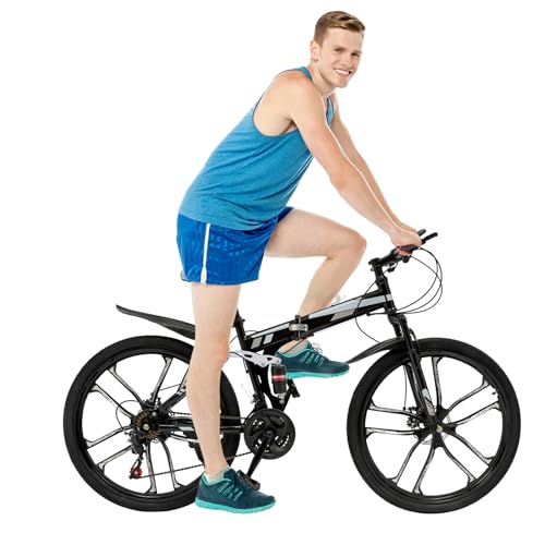 spuwlqot Bicicleta de Montaña Plegable 26 Pulgadas Bicicleta Plegable de 21 Velocidades Bicicletas para Hombre Mujer de 1.65-1.95m Mountain Bikes Altura Ajustable Negro, Blanco