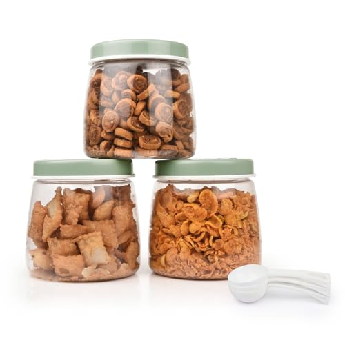 Image of FLAIR Cubics BPA-Free PET Plastic Airtight Food Storage Containers Set of 3 (1000ml Each) with Spoon - Green, Stackable Pantry Jars for Rice, Sugar, Flour, Cereals, Pulses, Snacks & Dry Fruits