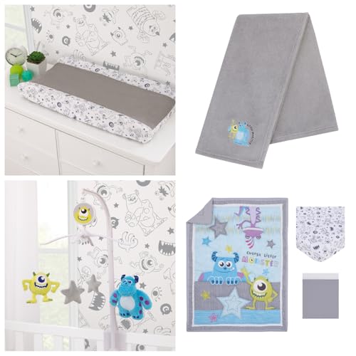 Image of Disney Monsters, Inc. Cutest Little Monster Nursery Set – Sully, Mike, and Randall Crib Bedding, Blanket, Changing Pad, and Plush Mobile – 4 Piece Baby Gift Set