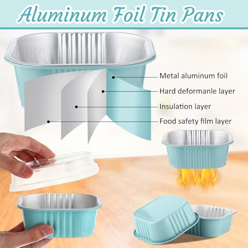 Aoriher 150 Pieces 10 oz Mini Cake Pans with Lids Aluminum Foil Baking Cups Square Disposable 4" x 4" Large Cupcake Cups Baking Tins for Kitchen Brownie Pudding Desserts Holders(Light Blue)