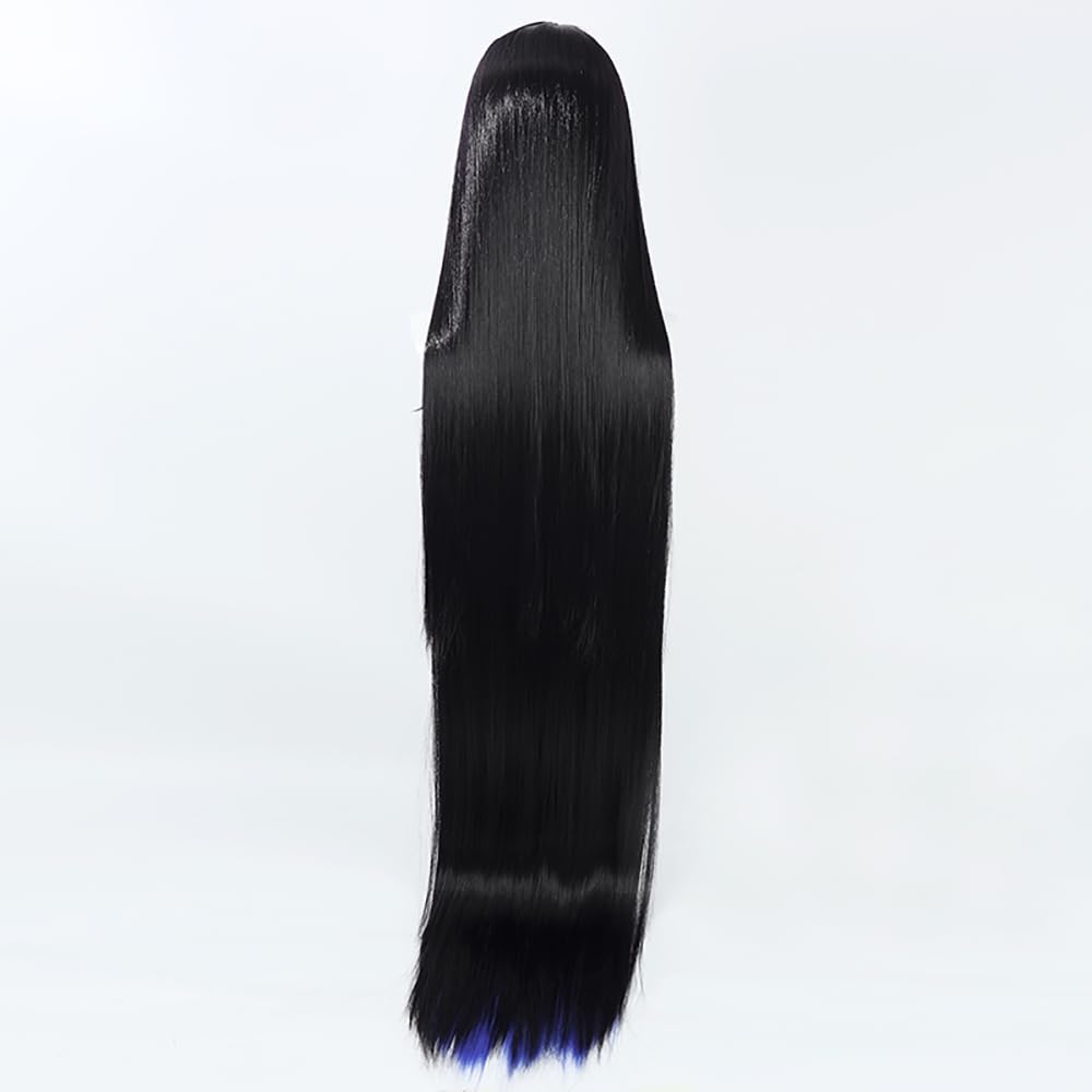 Game Cosplay Wig Black Mix Blue Hair Wig Long Straight Wigs with Bangs Cosplay Costume Wigs 51 inches
